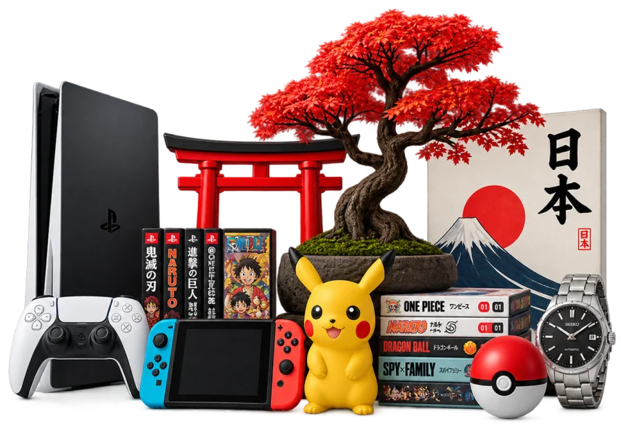 Colecionáveis japoneses: console e controle, jogos, figure do Pikachu, mangás, relógio e um bonsai vermelho diante de um torii